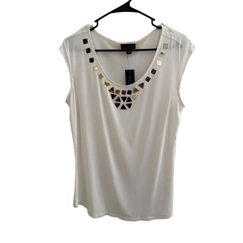 Worthington Womens L Ivory Embellished Neck Top Cap Sleeve NWT Defect Stretch as